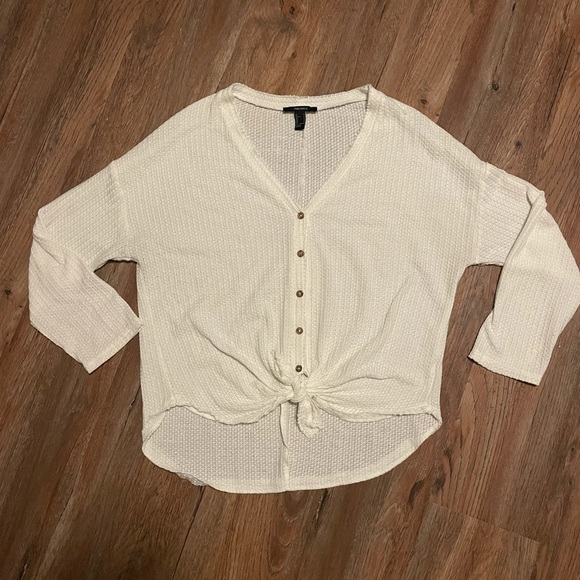 Waffle knit buttondown tie-front long sleeve. Size S but fits like a L. - Picture 1 of 1